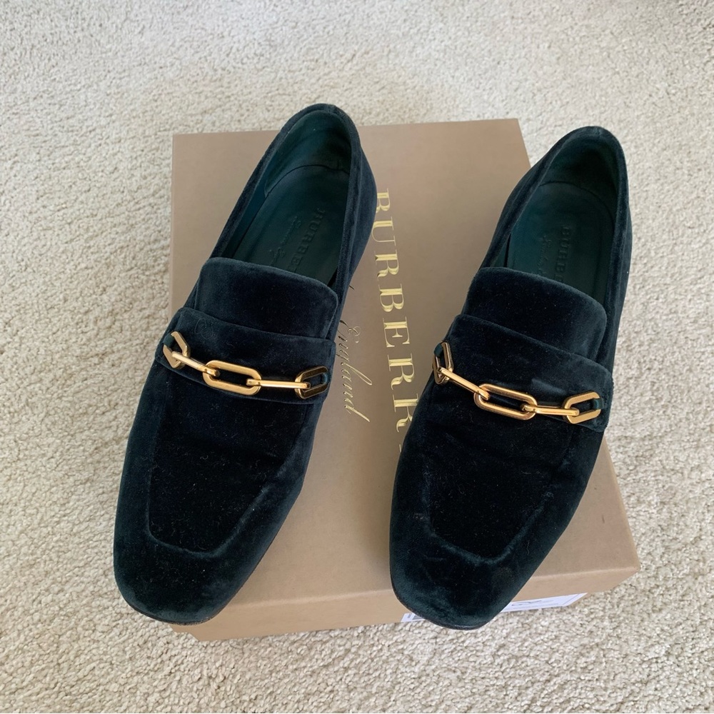 Burberry Black Velvet Loafers with Gold Chain Detail
